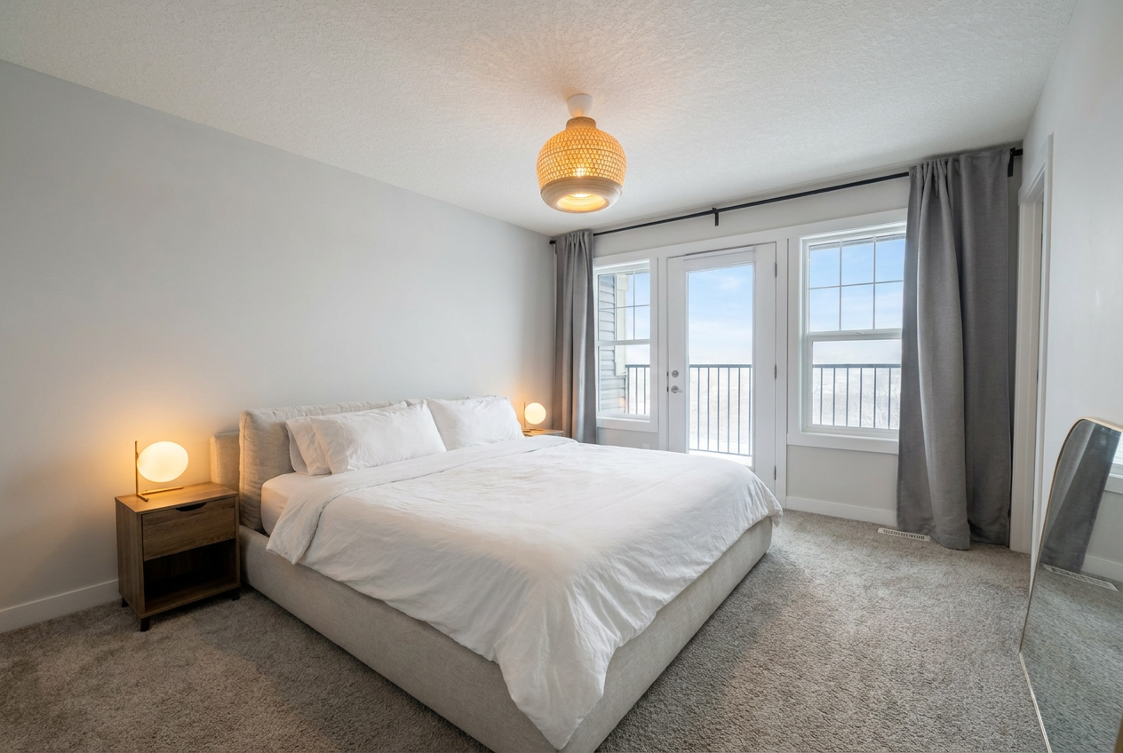 Listing-grade bedroom with made bed, neutral light, and bright windows