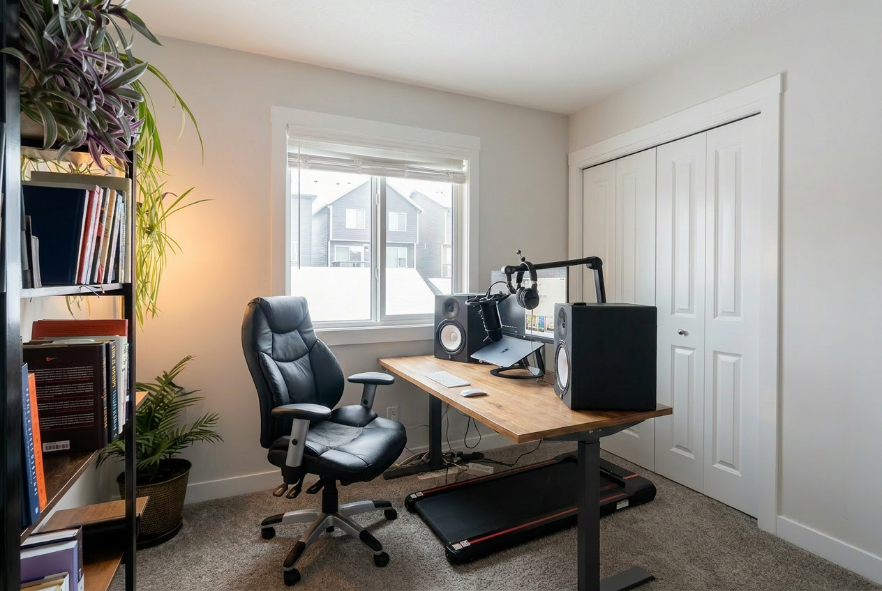 Listing-grade home office with tidy desk, clear floor, and balanced light